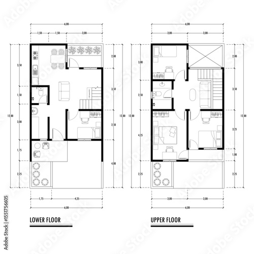 Black and White floor plan of a modern unfurnished house for your design. Suburban house vector blueprint. Architectural background.	