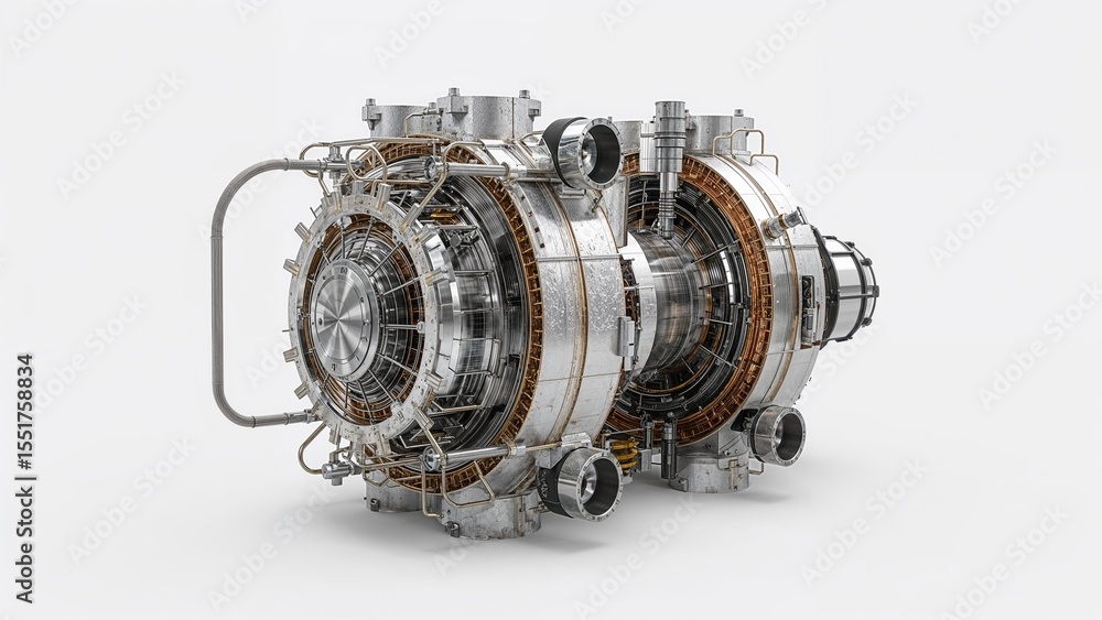 High-detail digital rendering of a compact modular fusion reactor, simplified industrial design, metallic textures, futuristic lab setting High-detail digital rendering of a compact modular fusion reactor, simplified industrial design, metallic textures, futuristic lab setting