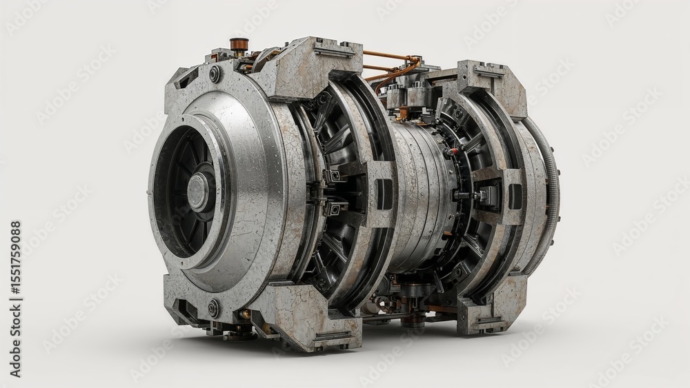 High-detail digital rendering of a compact modular fusion reactor, simplified industrial design, metallic textures, futuristic lab setting High-detail digital rendering of a compact modular fusion reactor, simplified industrial design, metallic textures, futuristic lab setting