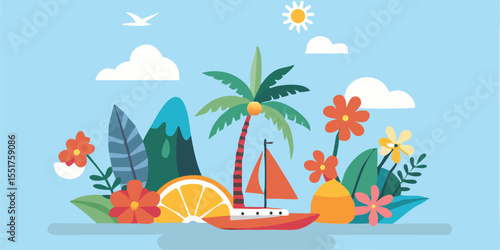 Colorful Tropical Island Scene with Sailboat