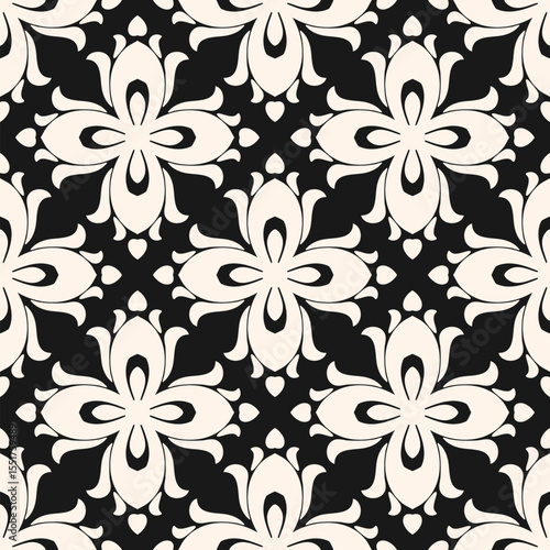 Abstract floral seamless pattern. Simple vector geometric ornament with ethnic folk motif. Elegant black and white background texture with flower silhouettes. Repeated geo design for carpet, textile