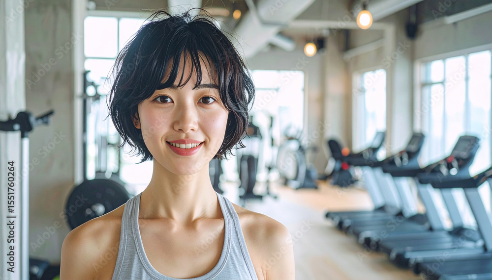 Fototapeta premium モダンなフィットネスジムで笑顔を見せる日本人女性インストラクター – Smiling Japanese Female Fitness Instructor in a Modern Gym Setting