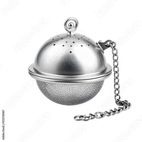 Shiny steel tea infuser with chain, close-up studio shot depicting elegance on transparent background