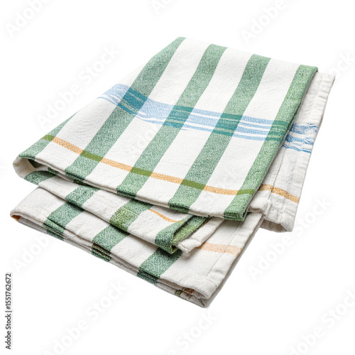 Folded striped tea towels on white surface, kitchen linen presentation on transparent background