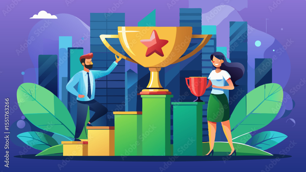 Obraz premium Man and woman celebrating success with golden trophy