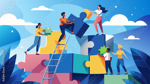 People assembling puzzle pieces together as teamwork