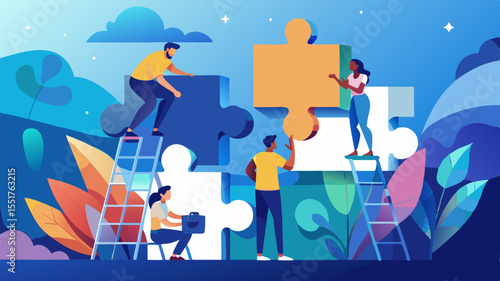 People collaborating to solve puzzle with ladders and plants