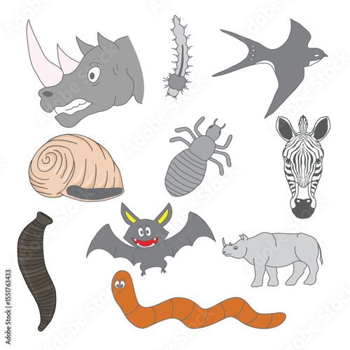 Set of cartoon animals and insects – hand-drawn vector illustration of bat, zebra, rhino, worm, snail, centipede, termite, and more, perfect for kids education, science, or wildlife content