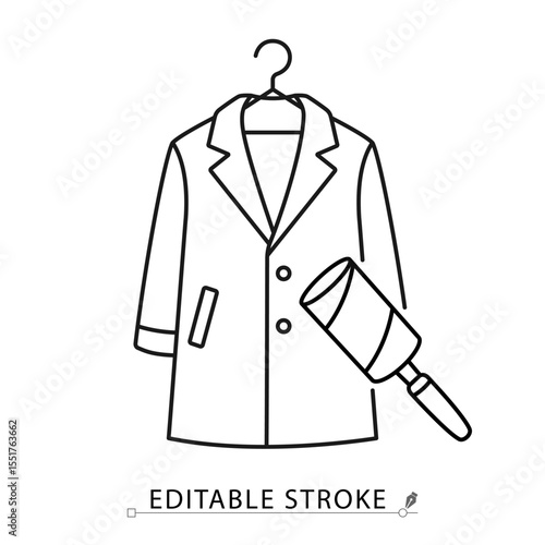 A coat on hanger with lint roller icon in minimalist style with editable stroke. Garment care, clothing cleaning, wardrobe object, household tool, fashion item, outline drawing