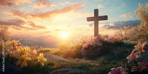 Sunrise over a tranquil landscape featuring a cross surrounded by flowers and mountains under a colorful sky