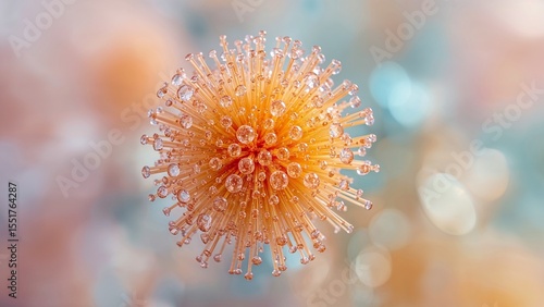 Extreme macro photo of a surreal pollen grain covered in tiny water droplets