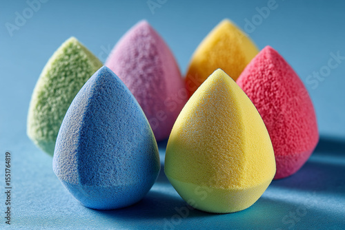Assorted Cosmetic Sponges in Triangular Shapes – Minimalist Blue Background for Skincare or Makeup Branding