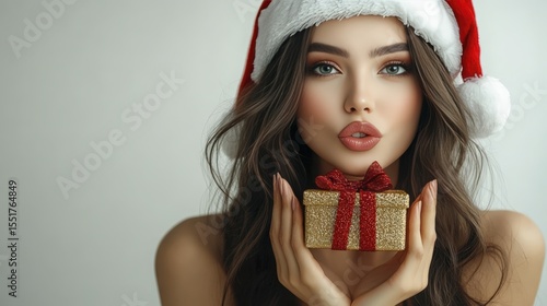 Beautiful woman in Santa hat holding golden gift box with red bow
