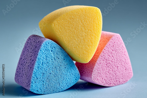 Assorted Cosmetic Sponges in Triangular Shapes – Minimalist Blue Background for Skincare or Makeup Branding