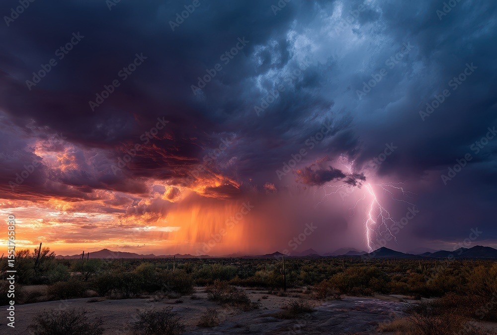 Naklejka premium Dramatic Desert Lightning Storm with Colorful Sunset and Dark Storm Clouds Above Saguaro Cacti Landscape in Arizona
