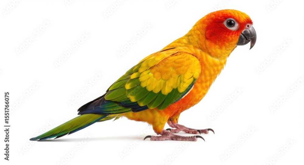 Fototapeta premium Sun conure parrot on a white background. Exotic tropical bird isolated. Wildlife pet for animal theme.