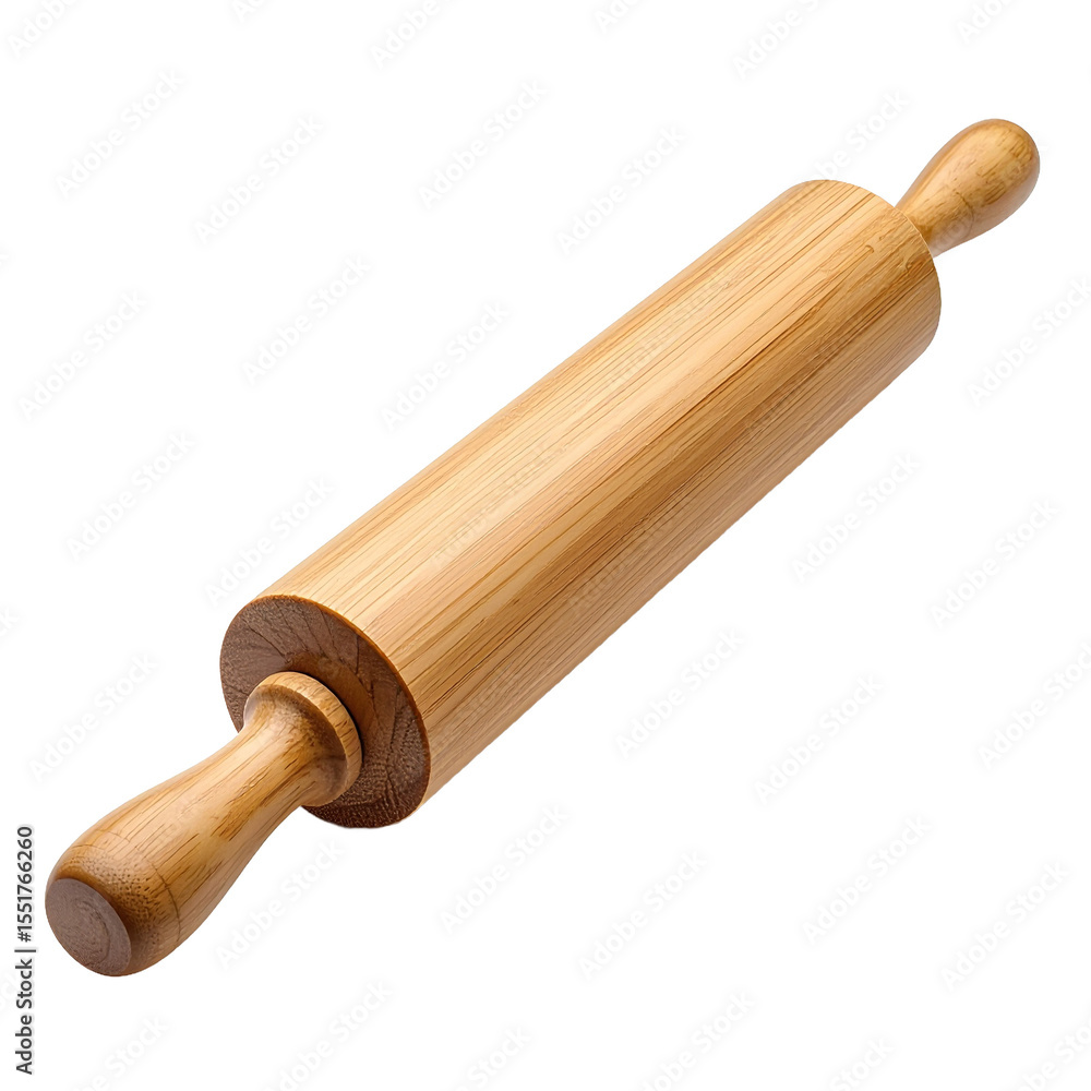 Rustic wooden rolling pin, baking tool for dough, pastry preparation on transparent background Rustic wooden rolling pin, baking tool for dough, pastry preparation on transparent background
