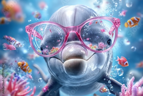 A dolphin wearing sunglasses and displaying a happy emotion, in a humorous and cute depiction, which has been enhanced by humans