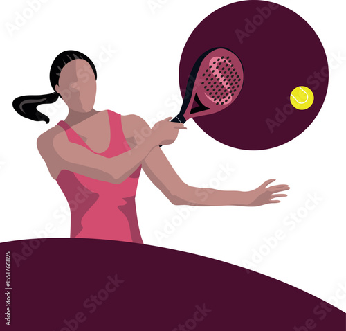 Stylized vector illustration of a female padel player hitting a forehand shot. The athlete wears a pink sports outfit and is drawn in a modern, minimalist style. A deep burgundy circle frames the yell