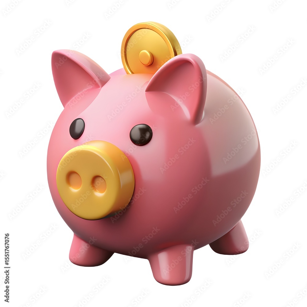 Cute pink piggy bank with a gold coin being inserted into the slot Cute pink piggy bank with a gold coin being inserted into the slot