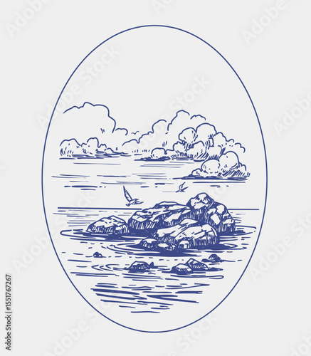 Sea sketch, seascape with rocks, hand drawn sketch, realistic vector illustration