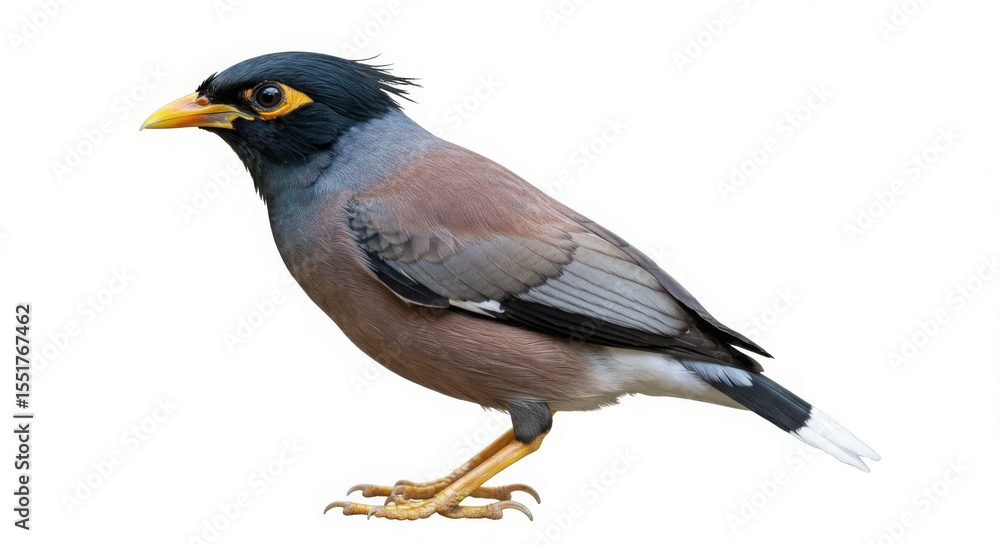 Fototapeta premium Myna bird, also known as starling, standing in profile on a white background. Isolated animal concept for ornithology.