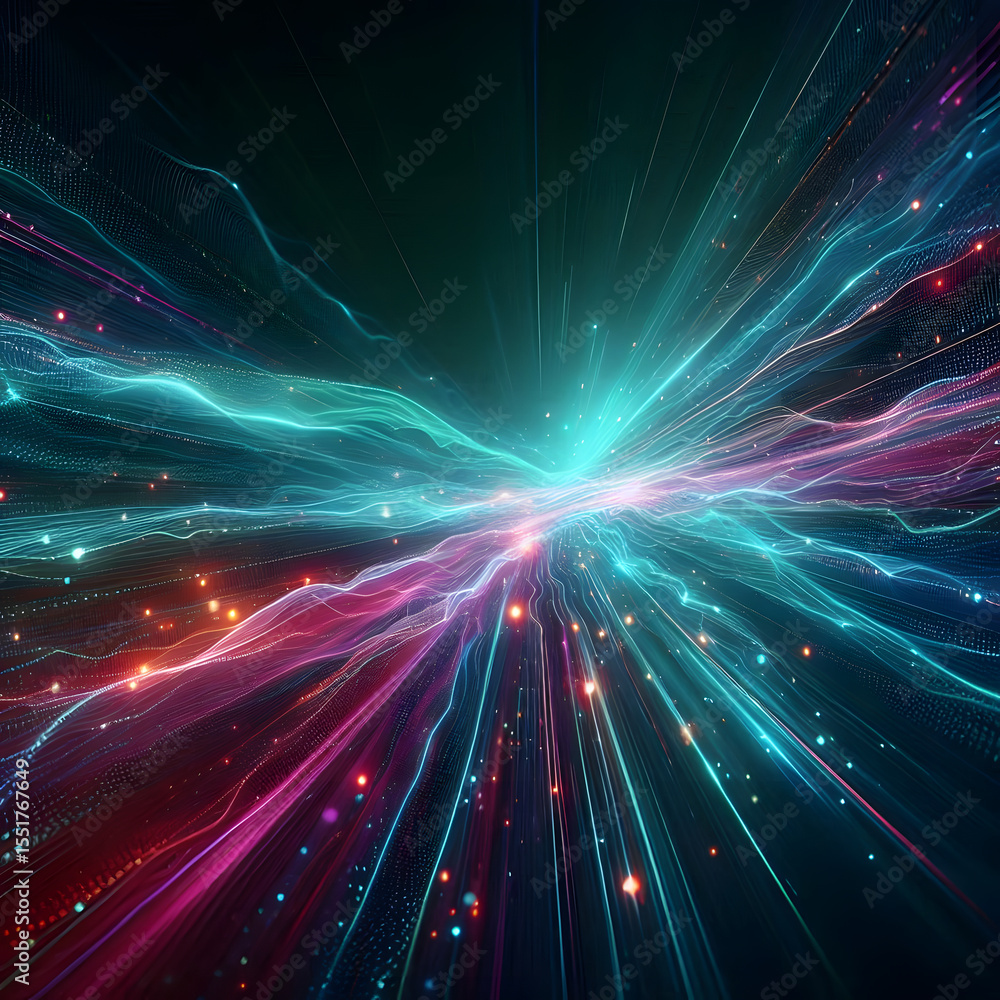 Obraz premium An abstract digital illustration displays vibrant blue and red light trails converging from a central point, creating a sensation of intense speed and data flow
