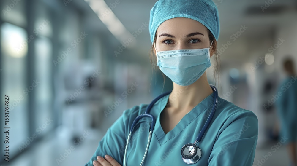 Confident and Caring Female Healthcare Professional Wearing a Mask and Stethoscope Confident and Caring Female Healthcare Professional Wearing a Mask and Stethoscope