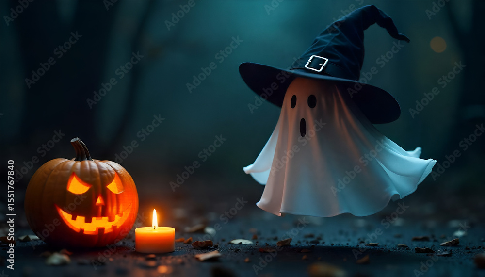Fototapeta premium A white ghost wearing a black witch hat stands beside a burning pumpkin and a glowing candle, set against a dark black night background for a spooky Halloween scene. 