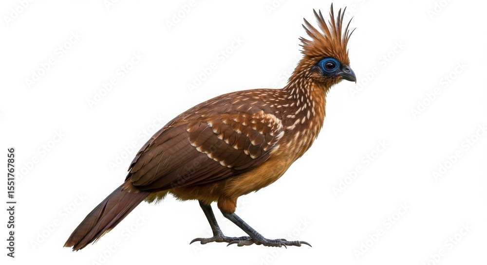 Fototapeta premium Hoatzin bird, also known as the stink bird, isolated on white background. Exotic tropical animal for wildlife education and nature study.