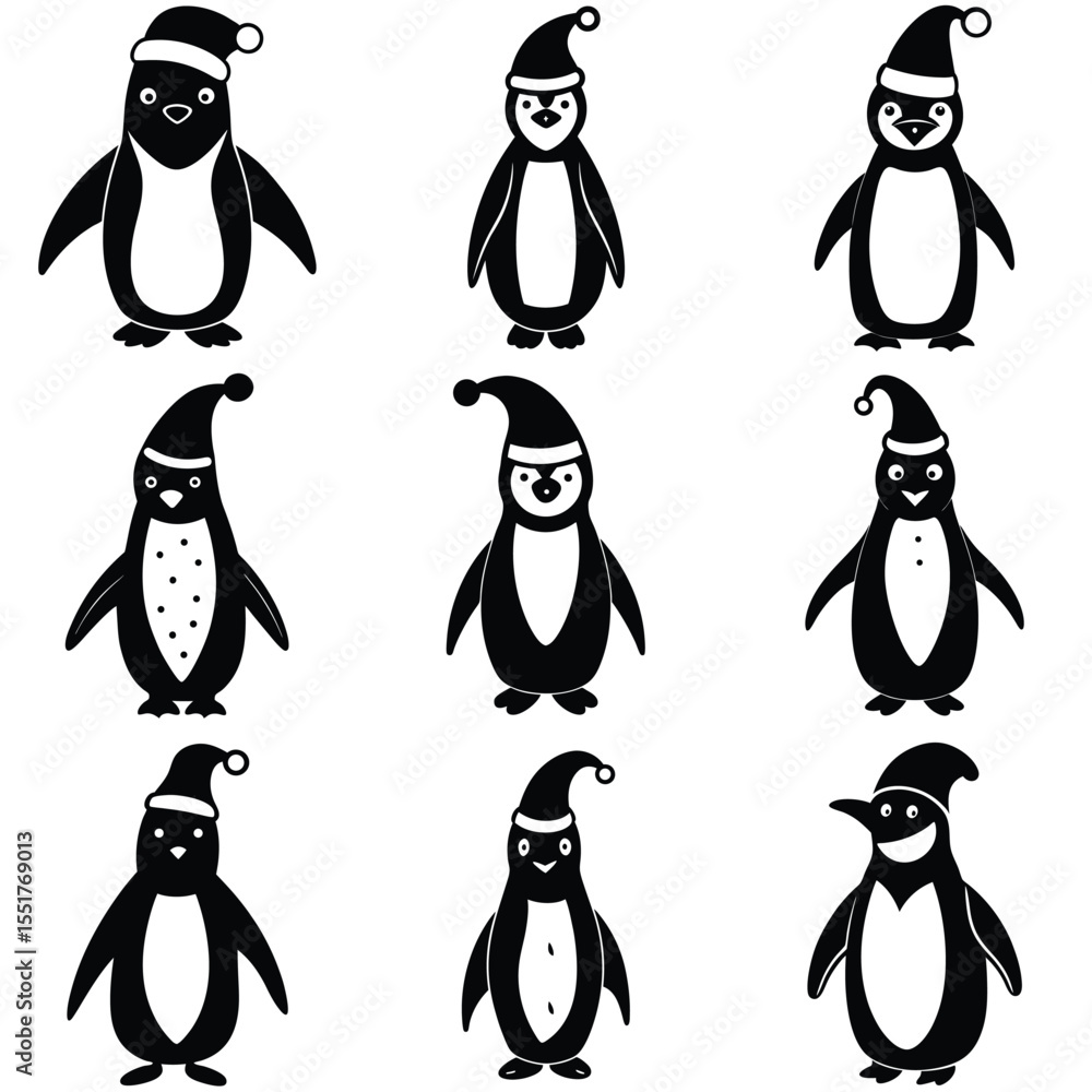 Fototapeta premium Collection of nine charming black and white cartoon penguins wearing santa hats for christmas celebrations