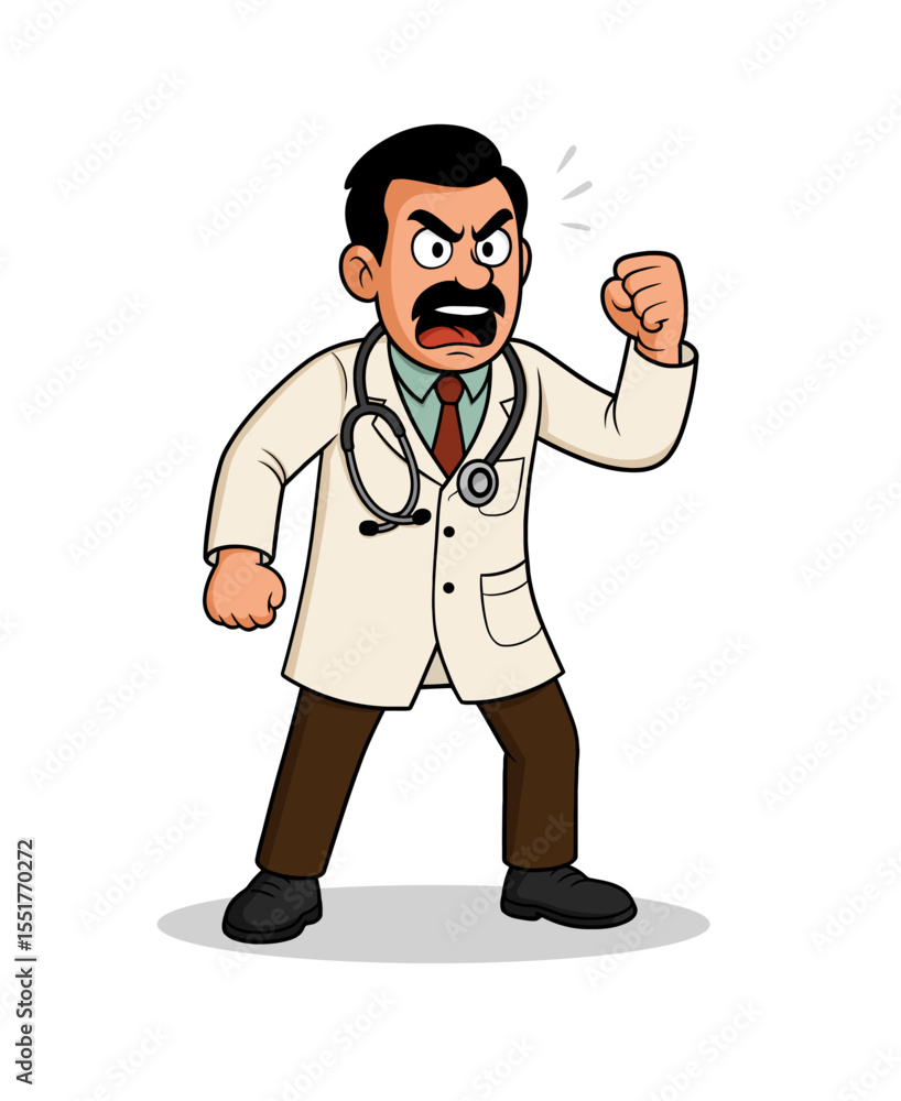 Obraz premium Cartoon vector of an angry Indian male doctor in white coat with stethoscope, shouting and raising a fist. Great for hospital policy, discipline, medical warning, protocol compliance, risk and ethics 