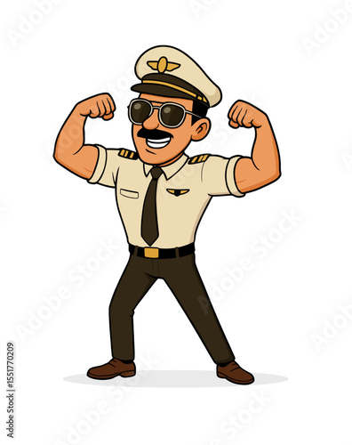 Happy airline pilot in beige uniform and sunglasses flexing muscles in a victory pose. Use for aviation career, leadership, aircrew success, travel safety, captain confidence