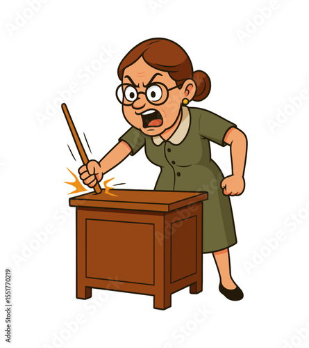 Cartoon vector of a strict female teacher yelling as she slams a stick on the desk. Ideal for discipline, classroom rules, scolding, education stress, authority, pedagogy, old-school teaching