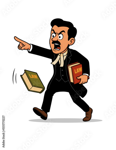 Vactor angry lawyer in black gown pointing and shouting while holding a law book. Great for courtroom drama, debate, accusation, justice system, legal warning, rules, conflict and authority concepts