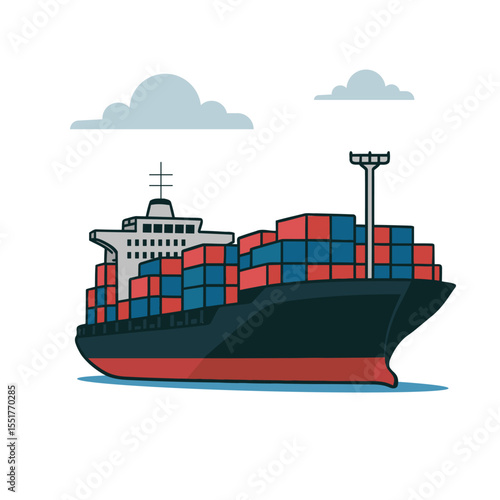 Vector illustration of a large container ship stacked with colorful boxes at sea. Ideal for global trade, export–import, freight logistics, maritime transport, ports, supply chain and shipping