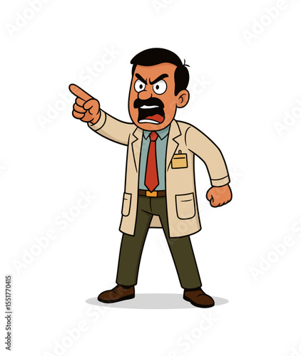 Cartoon vector of a stern Indian male doctor in white coat and stethoscope, pointing and shouting. Strict physician scolding staff or patient; hospital conflict, warning, protocol, authority concept.