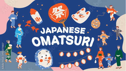 夏祭りを楽しむ浴衣の人物、親子、金魚などの、手描きベクターテンプレートイラスト Hand drawn vector template illustration of people enjoying a Japanese summer festival.