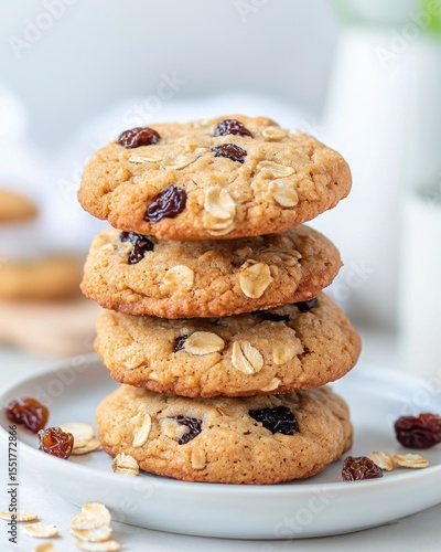 Delicious homemade oatmeal raisin cookies stacked on a white plate, perfect for dessert or a snack.