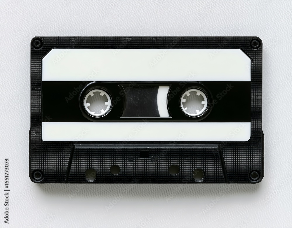 Fototapeta premium A vintage audio cassette tape is shown from above, set against a white background, embodying a classic black and white retro aesthetic, symbolizing music playback on outdated stereos, and evoking