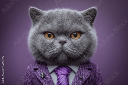 A suit-clad, human-like cat represents the fusion of stock and human elements in a business context, creating a unique concept