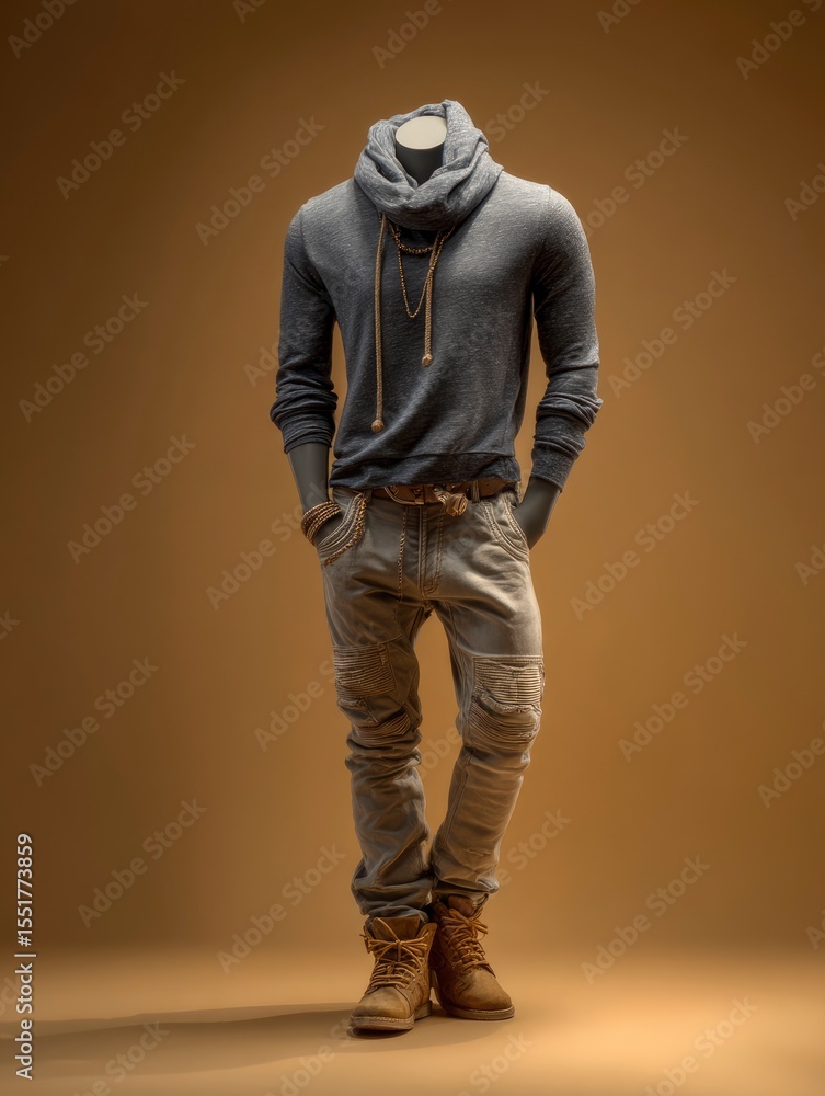 Fototapeta premium A mannequin dressed in gray cowl neck shirt light denim jeans and brown boots