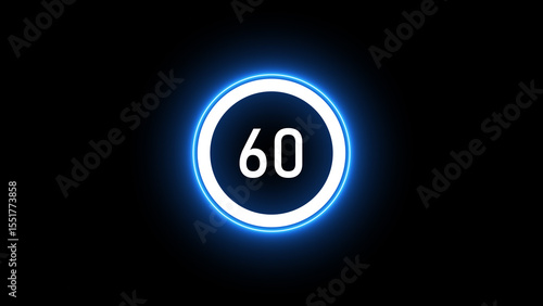 Real time 60 seconds countdown clock neon isolated on black background