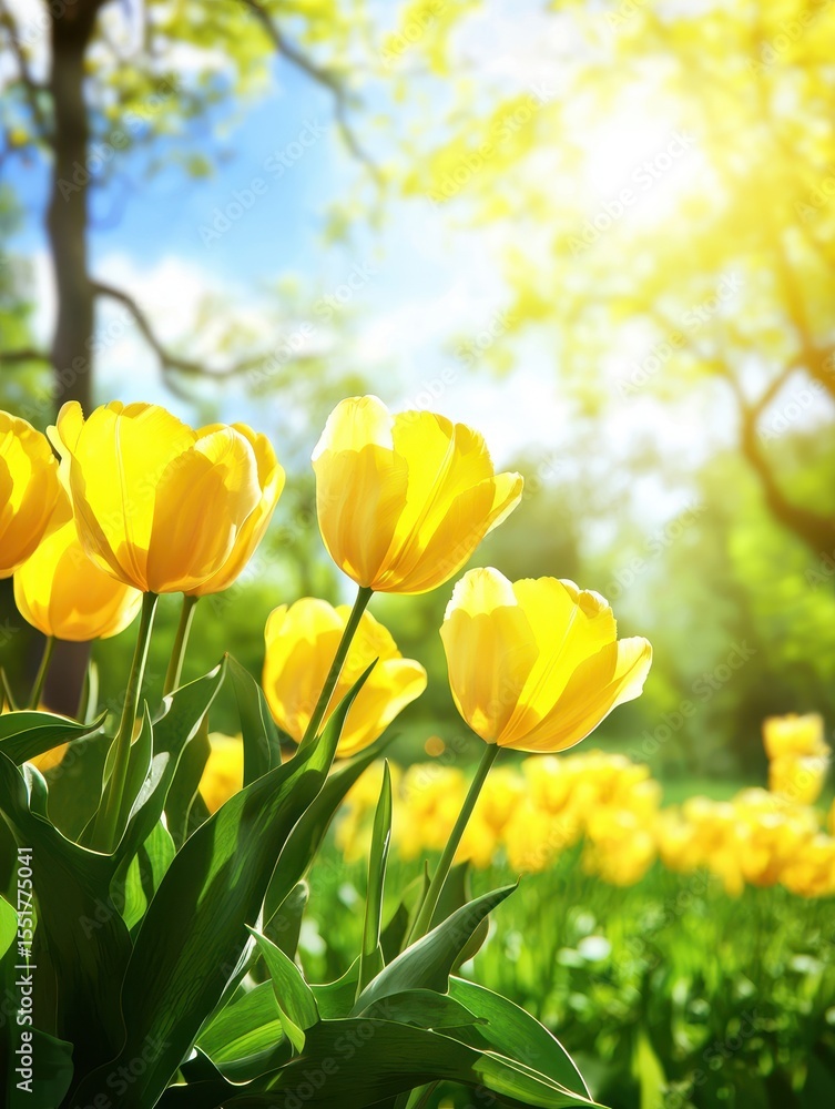 Obraz premium Vibrant Yellow Tulips in a Lush Green Garden Under Bright Sunlight