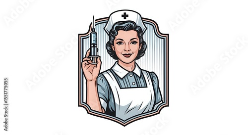 Smiling Retro Nurse Holding Syringe Classic Uniform Healthcare Professional Illustration