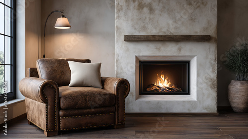 Cozy modern loft scene with a worn leather armchair facing a wall-mounted fireplace, arched lamp throwing soft light, and raw concrete walls blending with dark hardwood flooring