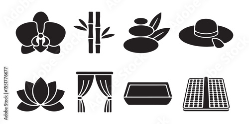 Serene Spa Icons Bamboo, Orchid, Lotus, and Zen Stones for Relaxation