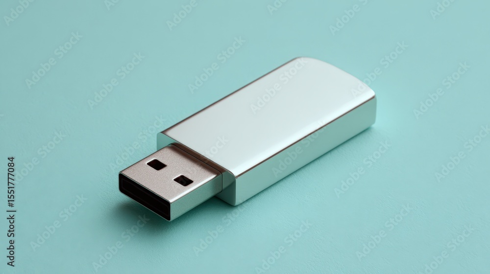 Sleek Silver USB Flash Drive on a Turquoise Background Modern Data Storage Device Sleek Silver USB Flash Drive on a Turquoise Background Modern Data Storage Device