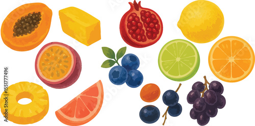 Watercolor Nutritious Fruits Collection  Hand-Painted Assorted Healthy Fruit Set for Organic Food and Wellness-Themed Designs | Generative AI