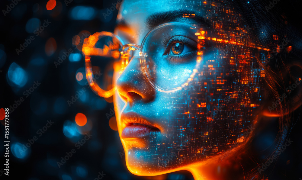 Close-up futuristic portrait of woman with digital data projection on face and glasses reflecting neon cityscape glowing in blue and orange light Close-up futuristic portrait of woman with digital data projection on face and glasses reflecting neon cityscape glowing in blue and orange light